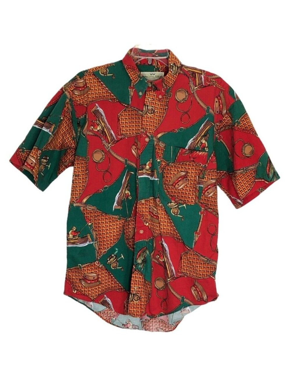 Natural Issue Mens M Button Down Shirt Red Short Sleeves Boats Canteens Print